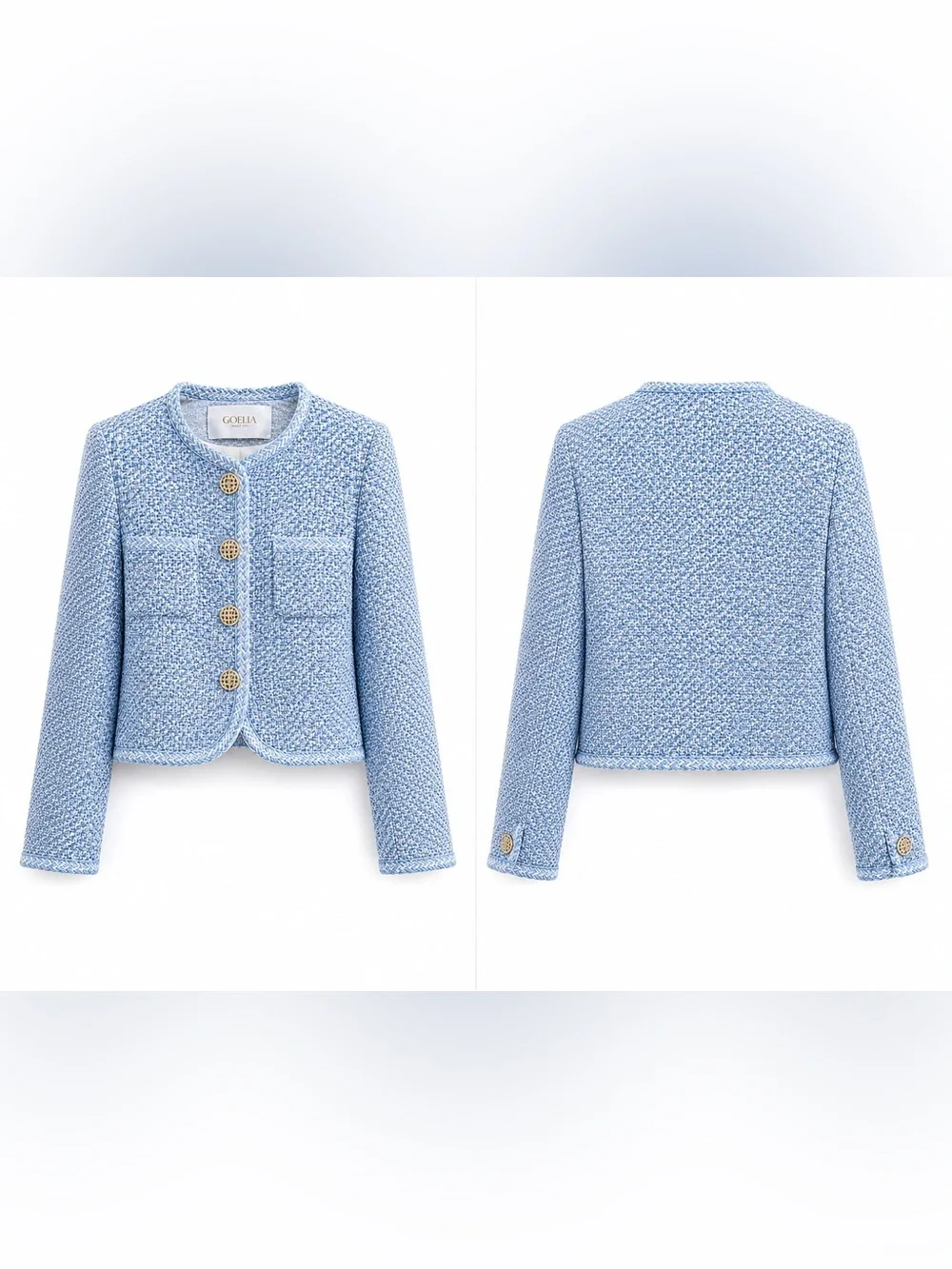 GOELIA Blue White Jacquard Tweed Jacket Sz XL Gold Button Cropped Bouclé Blazer - Picture 4 of 16